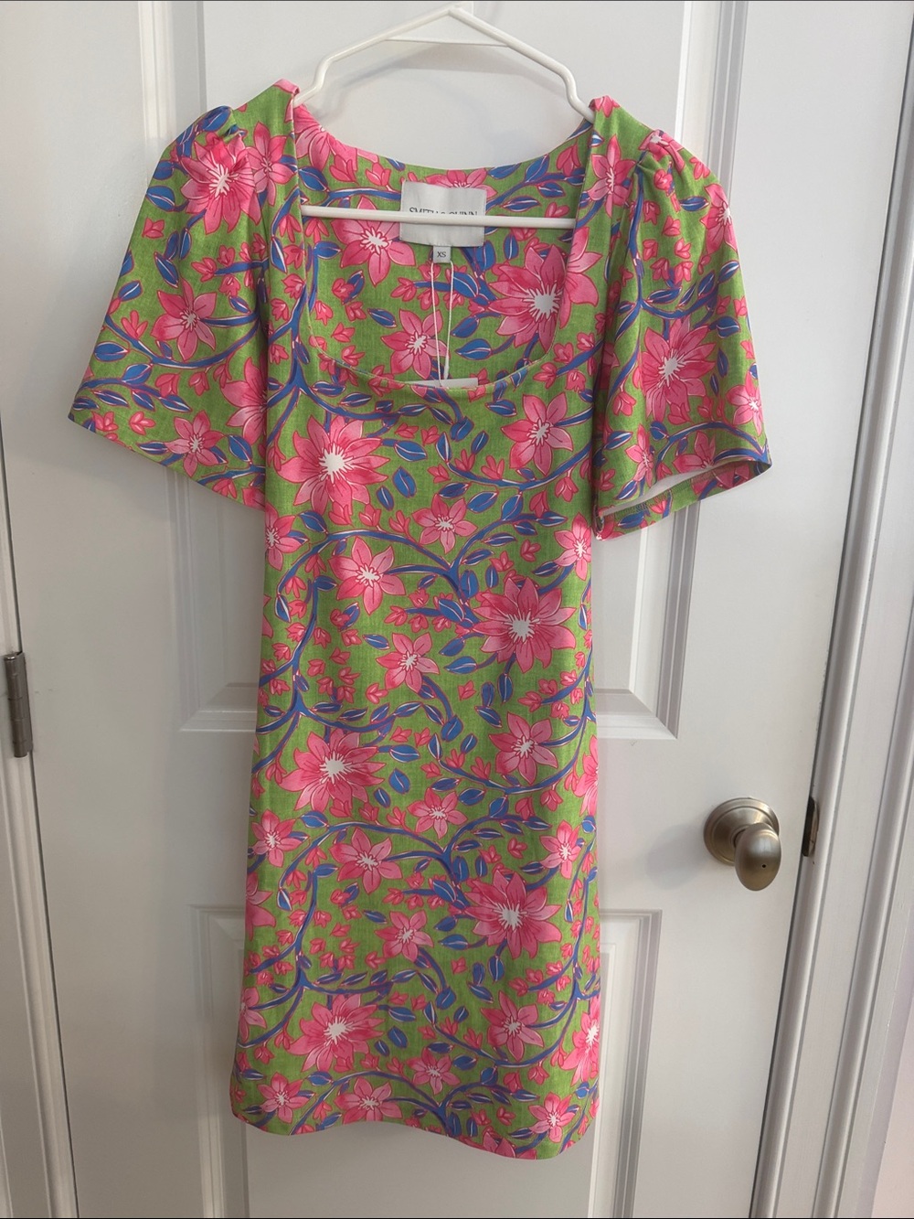 Floral Square-Neck Mini Dress in Pink & Green